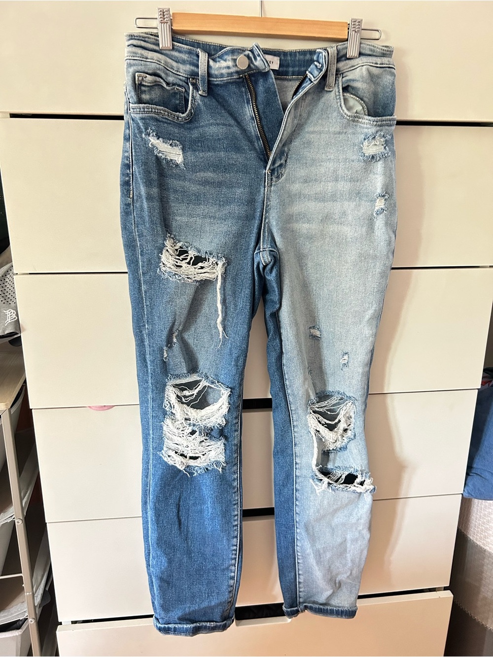 Flying Monkey Two-Tone Light Blue Distressed Boyfriend Jeans